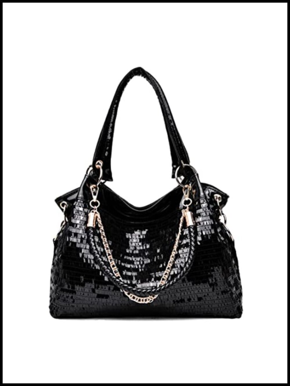 Patent Faux Leather Hobo Bag Shiny Top-Handle Chain Shoulder Tote Sequin